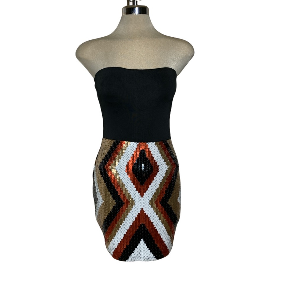 BEBE  Luxury Strapless Black  Multicolour Sequin Cocktail Dress Size S